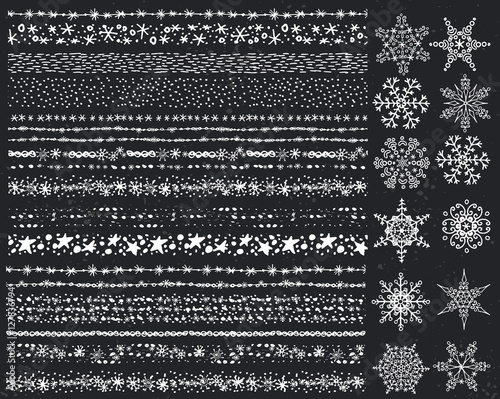 Winter snow seamless borders,snowflakes set.Chalk