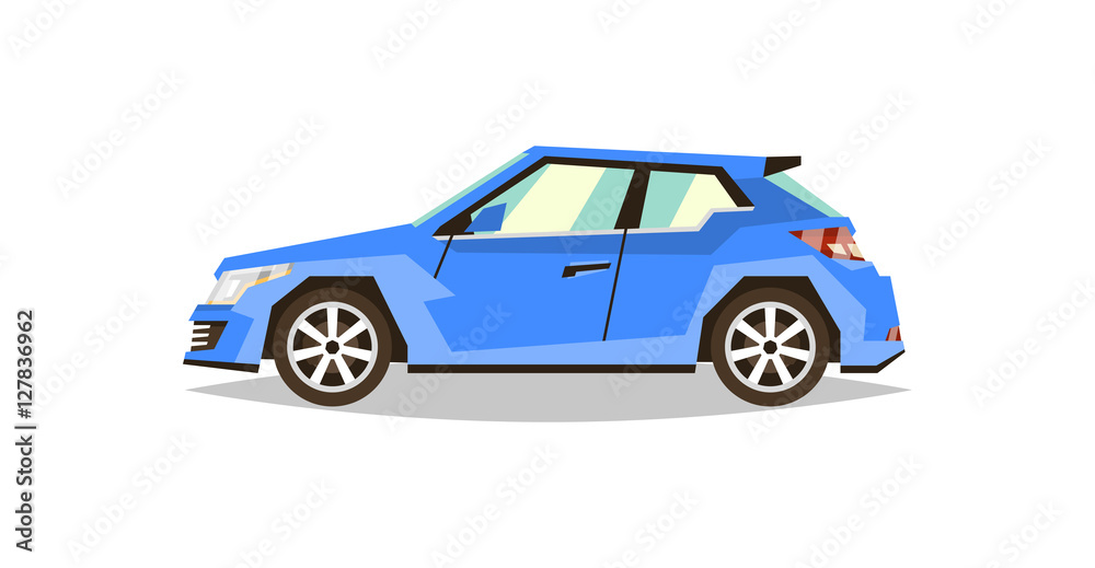 Blue car hatchback. Side view. Transport for travel. Gas engine. Alloy wheels