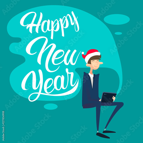 Business Man Using Laptop Computer Merry Christmas And Happy New Year Flat Vector Illustration