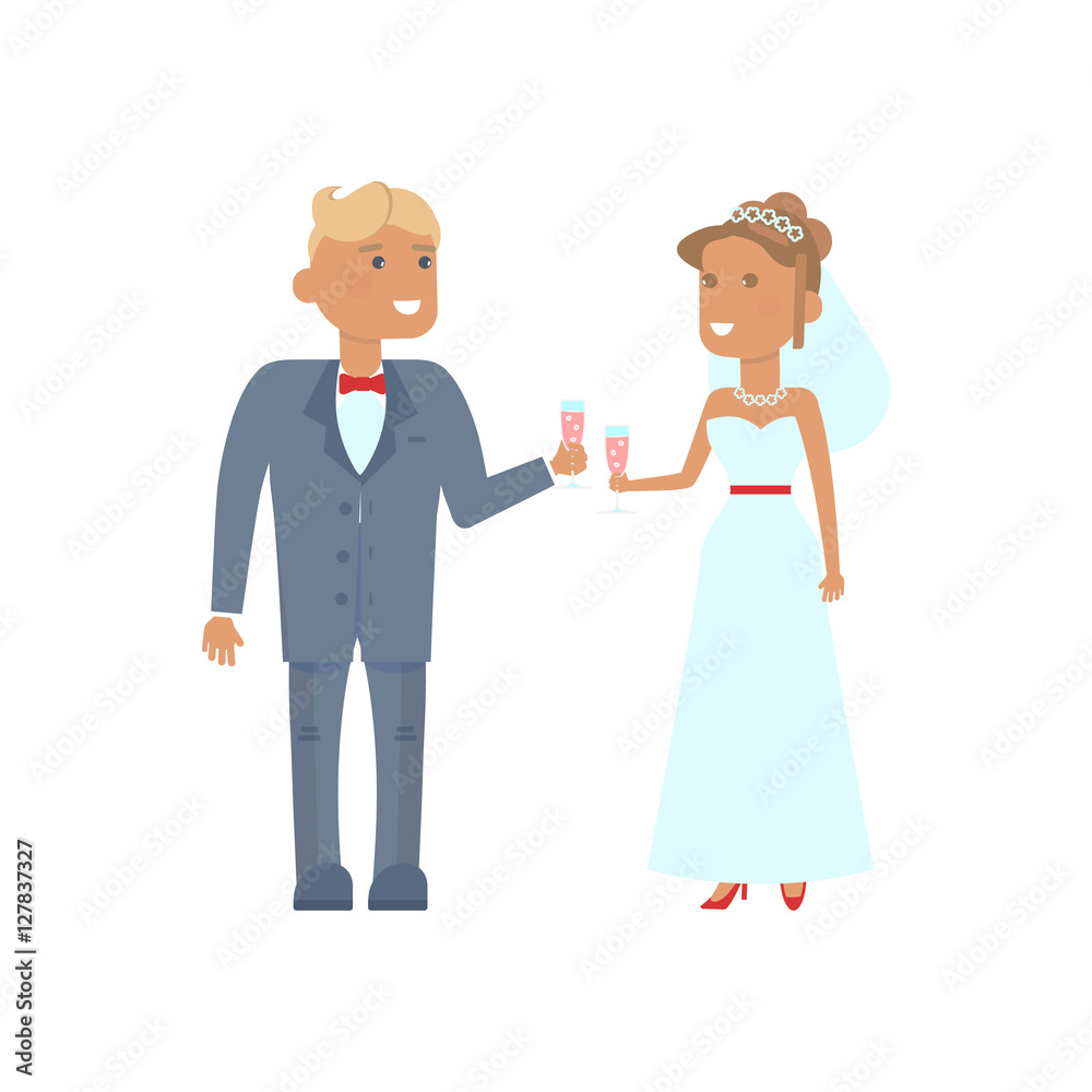 Wedding couple characters with glasses of champagne in Cartoon style. Vector illustration isolated on white background Wedding couple characters with glasses of champagne in Cartoon style. Vector illustration isolated on white background