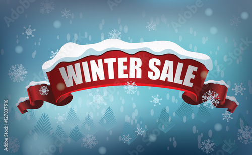 Winter sale advertising and marketing background template with snow-covered red ribbon and copy space. EPS 10 vector.