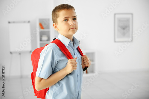 Cute schoolboy on light bac...