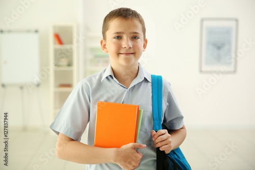 Cute schoolboy with books o...