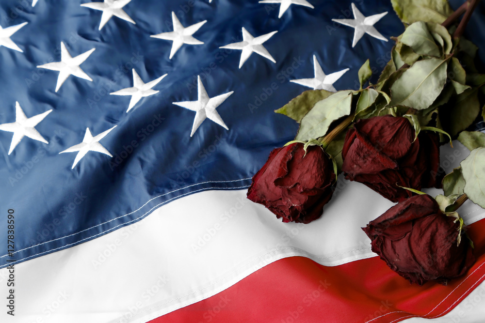 Fototapeta premium Dried roses on American national flag. Veterans day concept