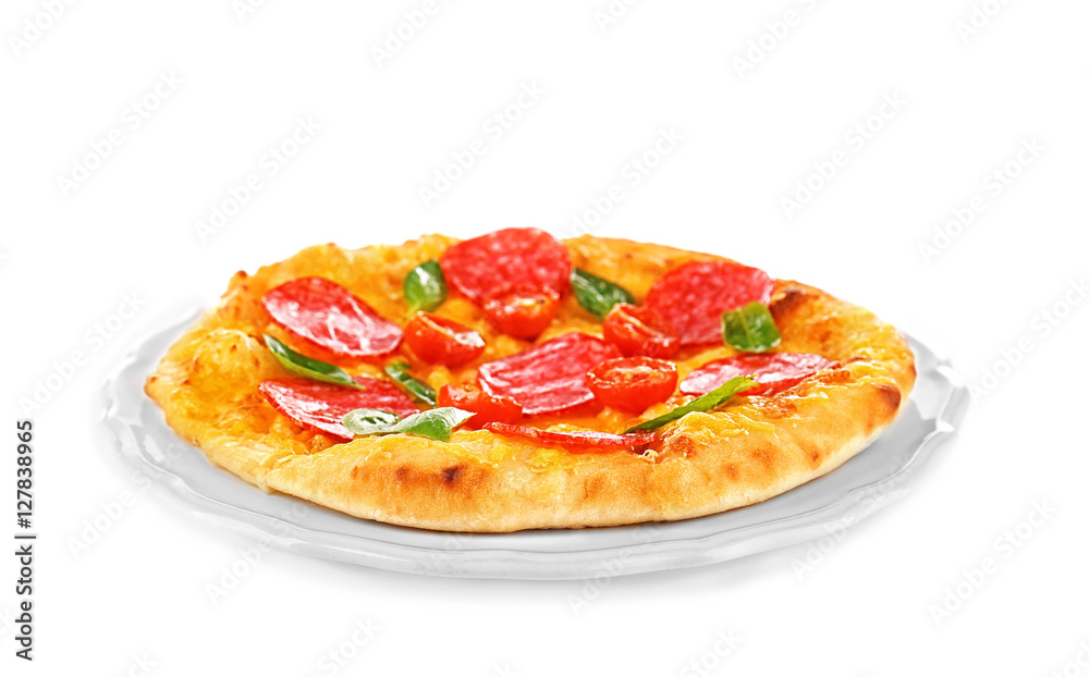 Tasty pizza on plate and white background Tasty pizza on plate and white background