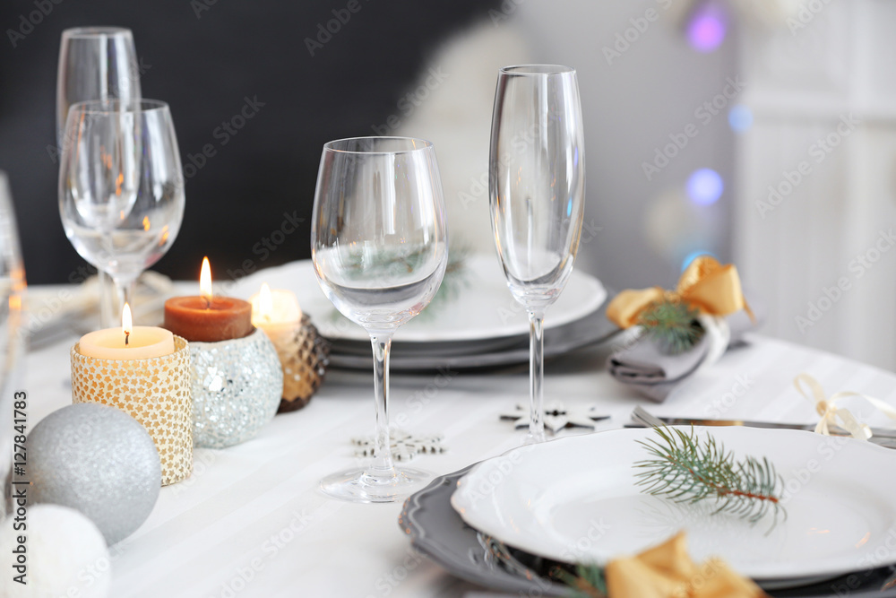 Fototapeta premium Table served for Christmas dinner, close up view