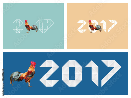 Happy new year 2017 font calendar cover, one red rooster with colorful feather low polygon standing isolated, red face and cockscomb, yellow beak, bright orange wings, long black tail