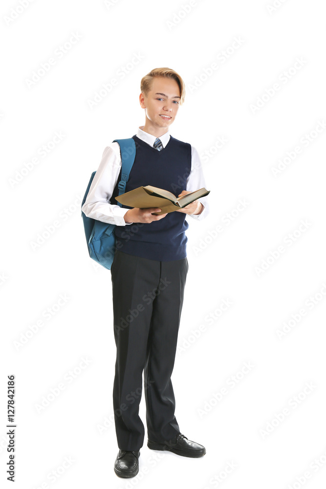 Teenager with backpack and textbook on white background Teenager with backpack and textbook on white background
