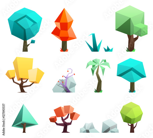 Low poly trees rocks grass icons set vector illustration