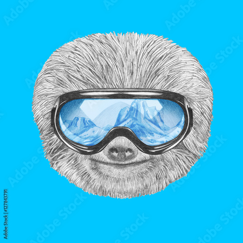 Portrait of Sloth with ski goggles. Hand drawn illustration.
