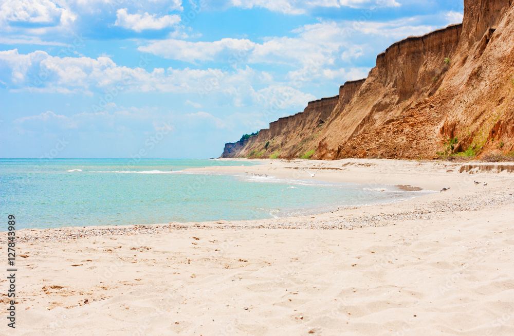 Blue sky, turquoise sea, sandy beach and mountains Blue sky, turquoise sea, sandy beach and mountains