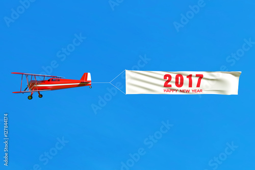 Flying airplane and Happy new year 2017 banner on blue sky. 3D illustration