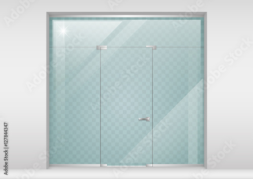 Glass Partition with a door. Modern equipment for the office or shopping center. Showcase. Vector graphics
