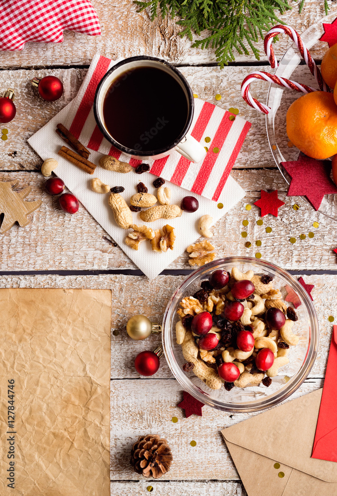 Christmas composition, studio shot, wooden background Christmas composition, studio shot, wooden background