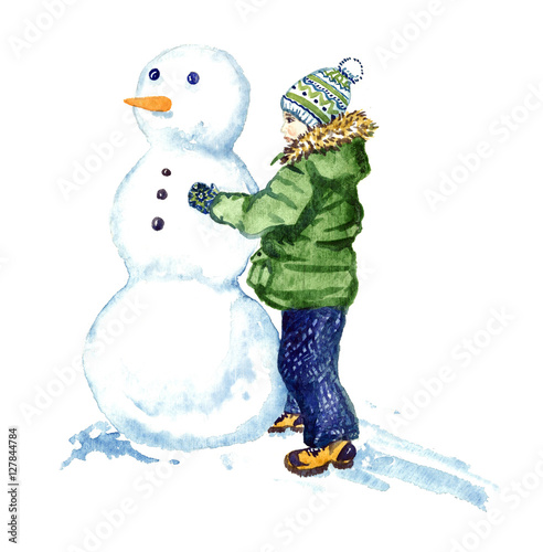 The boy is sculpting snowman, isolated hand painted watercolor illustration 