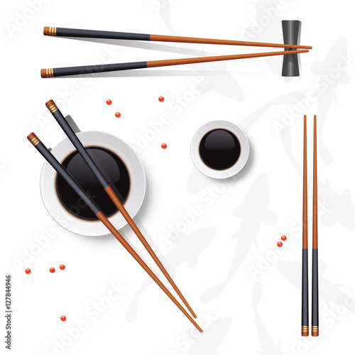 Sushi set. Chopsticks and soy sauce isolated on white. Vector il