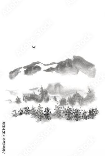 Japanese style sumi-e mountain bird ink painting.