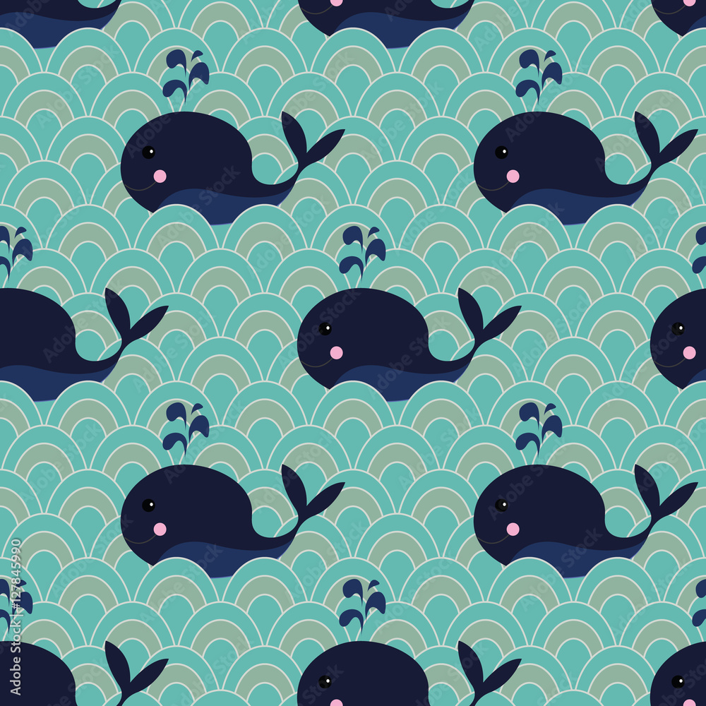Obraz premium Cute whales pattern, Seamless nautical pattern with cartoon character