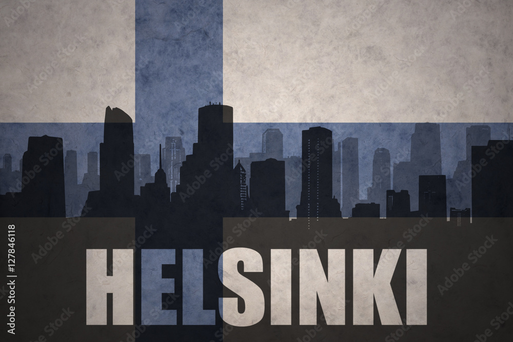 abstract silhouette of the city with text Helsinki at the vintage finnish flag