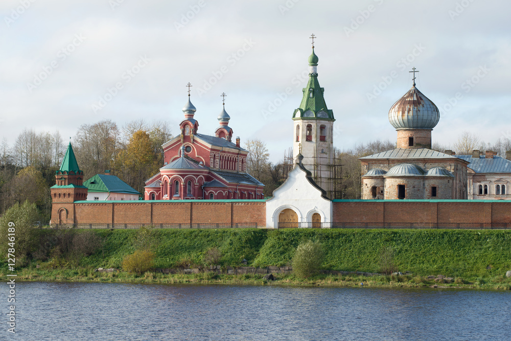 View of temples of the Old Ladoga Nikolsky monastery in the cloudy October afternoon. Old Ladoga, Russia