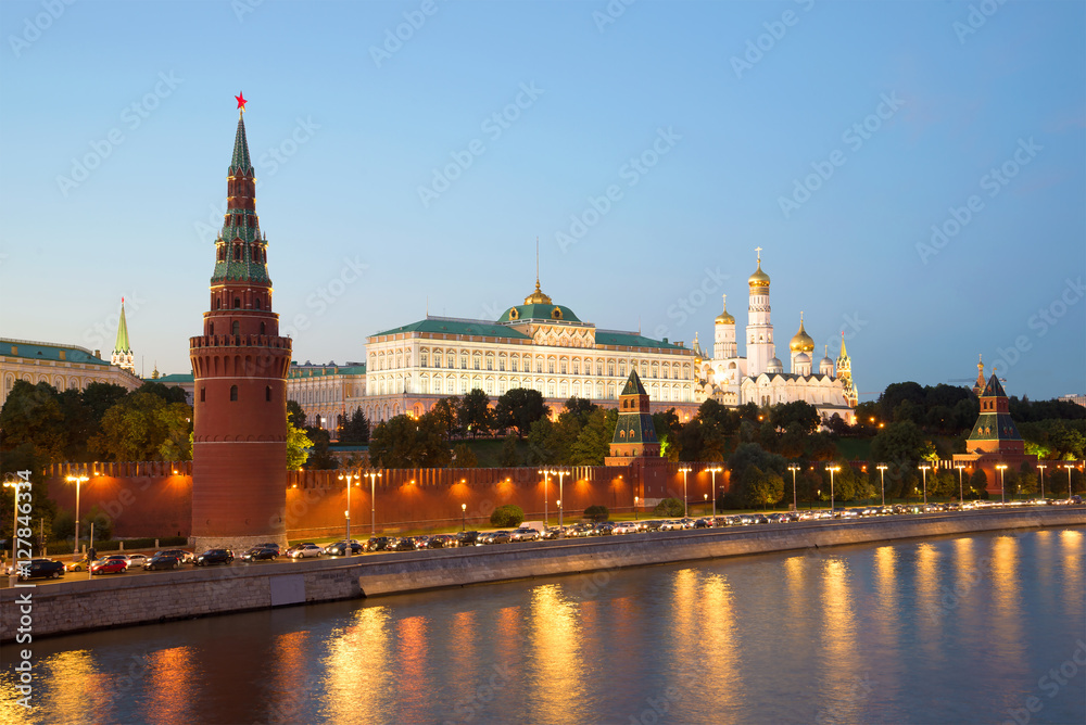 View of the Grand Kremlin Palace in the September twilight. The Moscow Kremlin. Russia