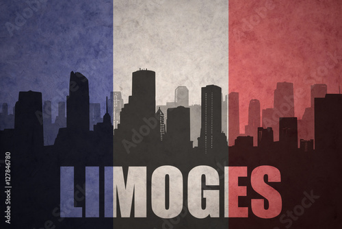 abstract silhouette of the city with text Limoges at the vintage french flag