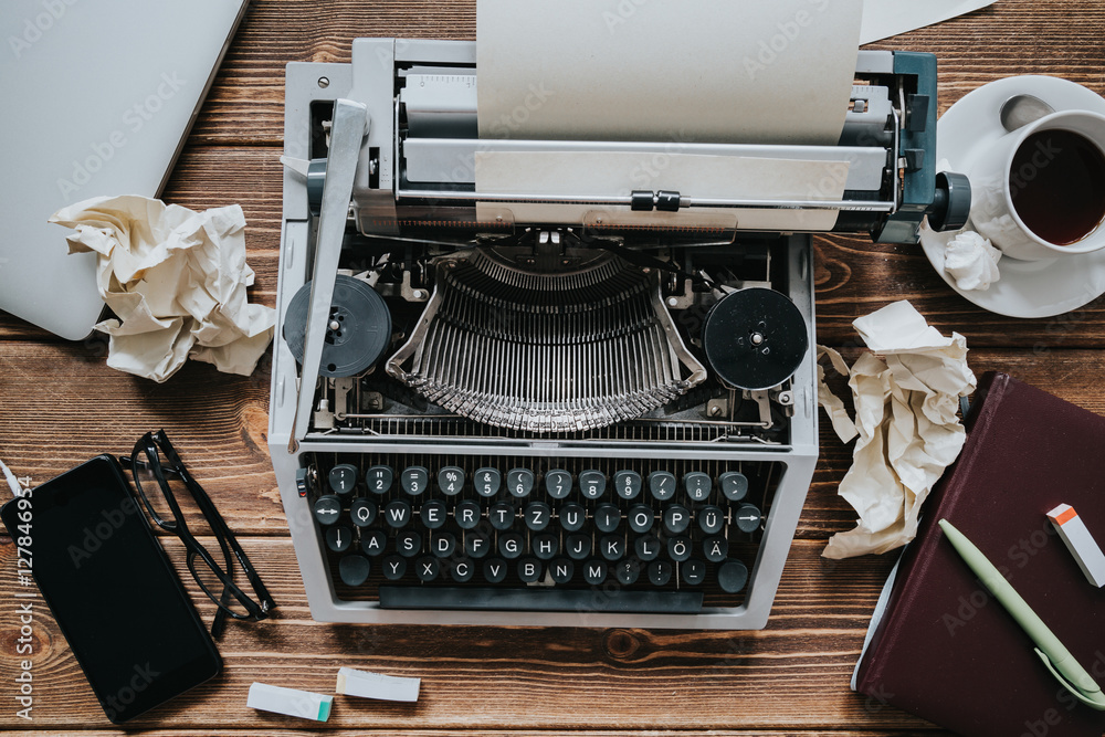 Vintage type writing machine. View from above Stock Photo