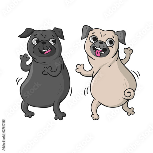 Cute pugs. Vector hand drawn cartoon illustration.