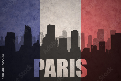 abstract silhouette of the city with text Paris at the vintage french flag