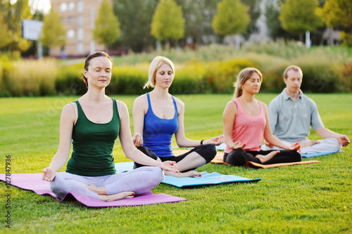 group of people doing yoga on the green with fresh grass outdoors. Healthy lifestyle © Evgeniy Kalinovskiy