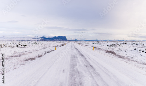 Highway 1 Iceland. Clear road covered in snow and ice © Daniel