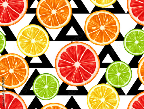 Seamless pattern with citrus fruits slices. Mix of lemon lime grapefruit and orange