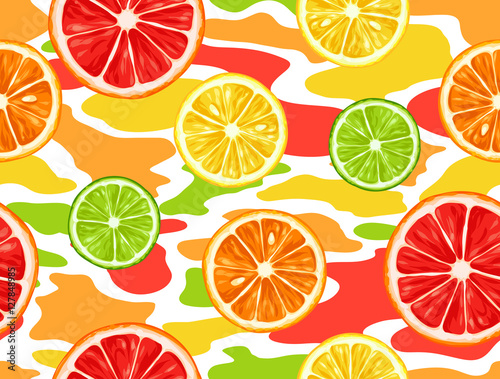 Seamless pattern with citrus fruits slices. Mix of lemon lime grapefruit and orange