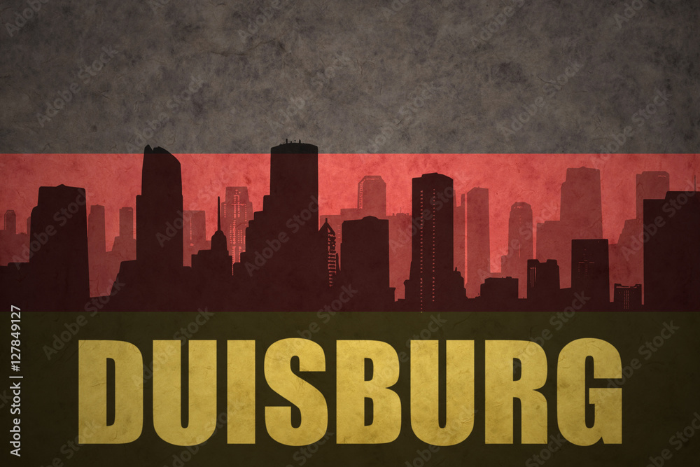abstract silhouette of the city with text Duisburg at the vintage german flag