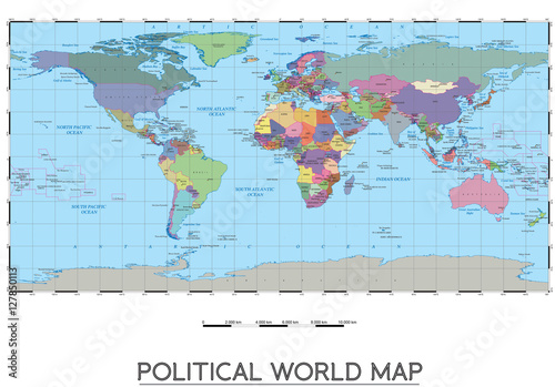 Political world map. Contents all countries by colour, capitals, islands and sees. All this information is classified by layers in the vector version. It is perfect for big murals.