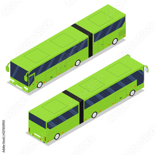 Isometric long green bus. Urban passenger transport. Vector illustration.