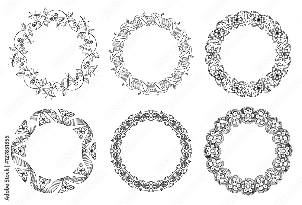 Vector set of floral round elements for ethnic decor. Detailed decorative motifs.