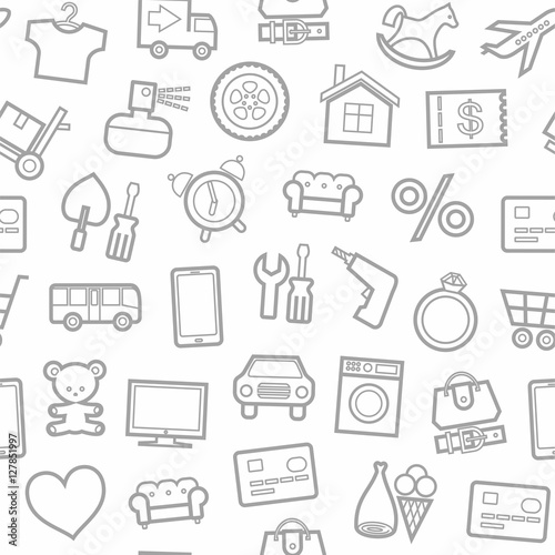 Categories of goods, Internet-shop, seamless pattern, white. Vector grey outline icons industrial products on a white background. Plain, flat background. 