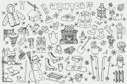 Winteer season.Doodle elements set.Linear