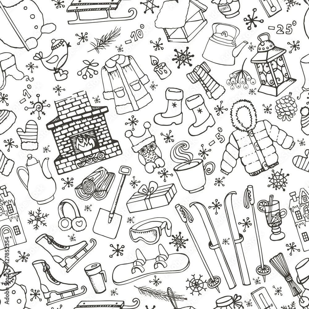 Winteer doodle elements seamless pattern.Black Winteer doodle elements seamless pattern.Black