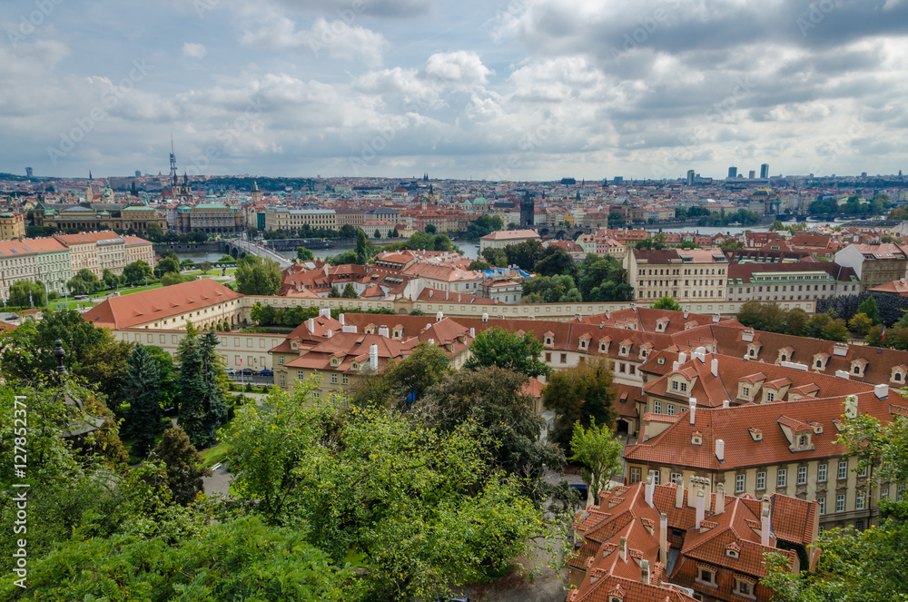 Aerial or rock view over the historical city of Prague in Czech Republic