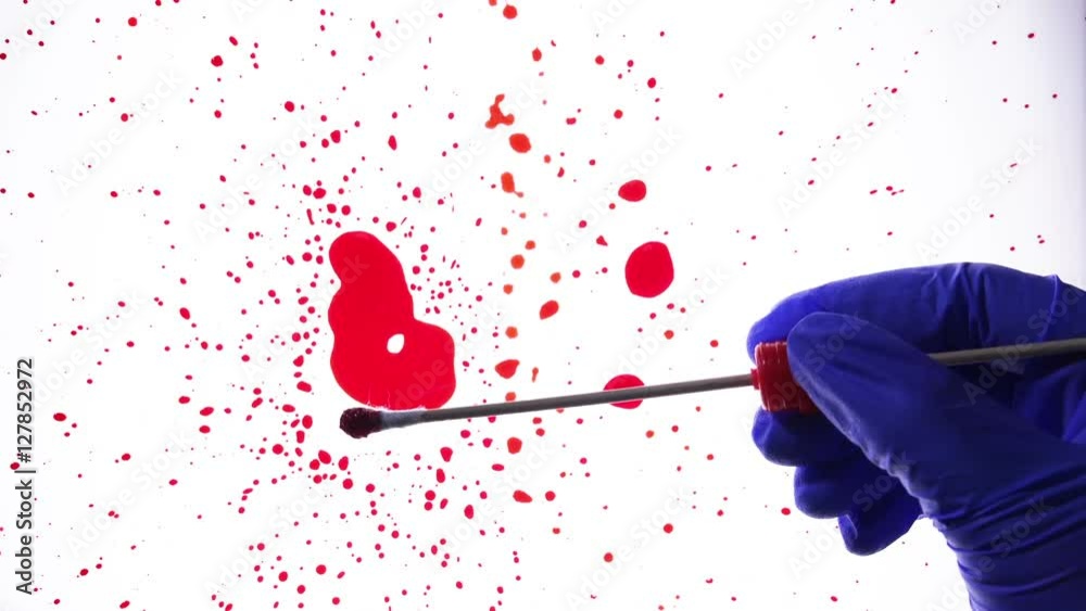 Forensic technician taking DNA sample from blood stain with cotton swab on murder crime scene Forensic technician taking DNA sample from blood stain with cotton swab on murder crime scene