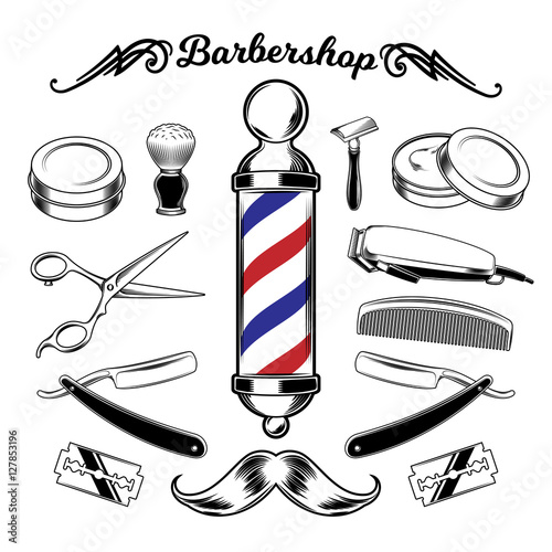 Vector monochrome collection barbershop tools. photo