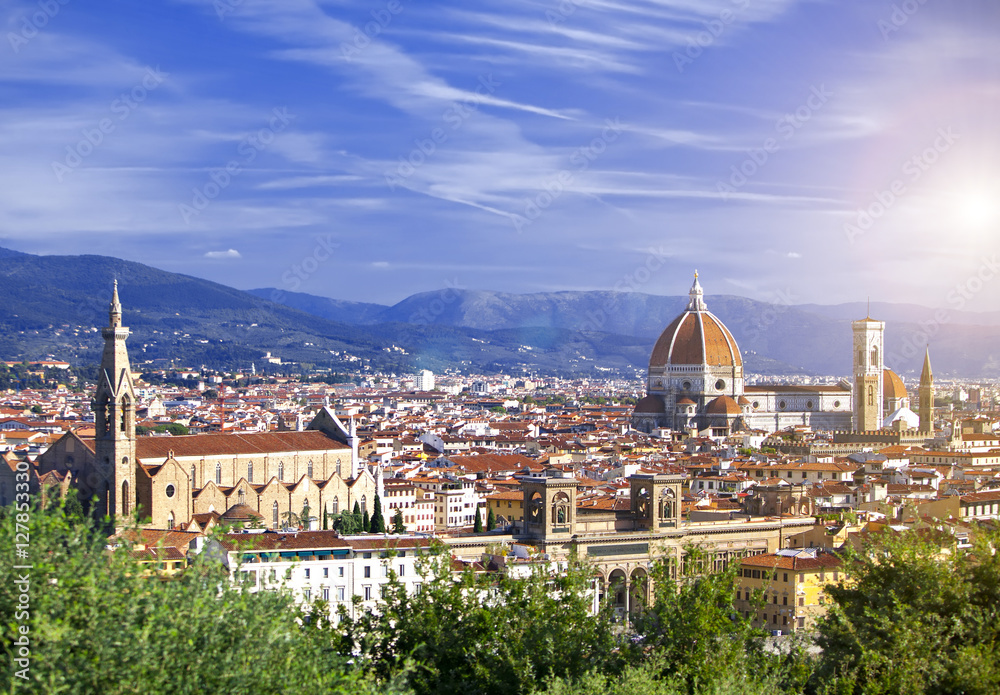 Italy. Florence. View of the city on top and Cathedral Santa Maria del Fiore..