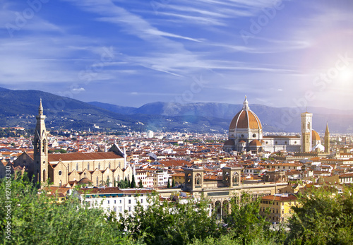 Italy. Florence. View of the city on top and Cathedral Santa Maria del Fiore..
