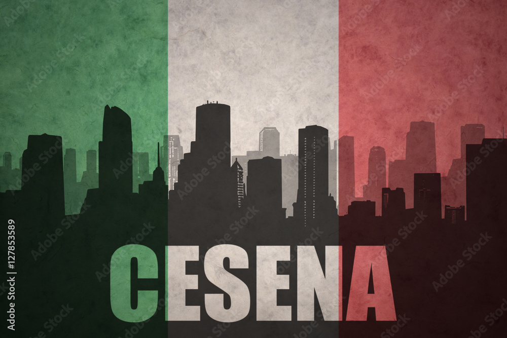 abstract silhouette of the city with text Cesena at the vintage italian flag
