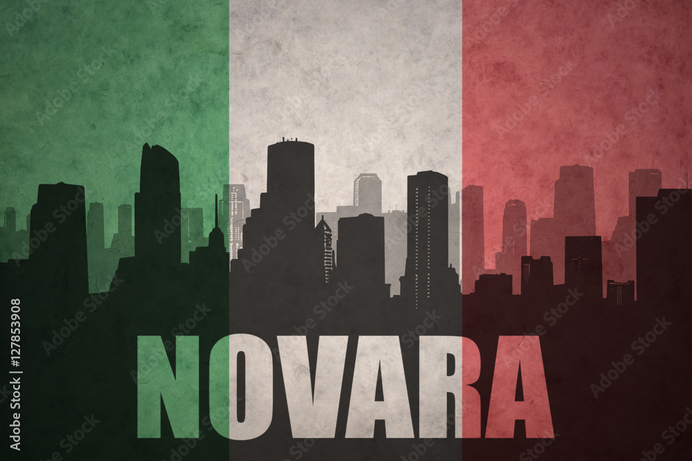 abstract silhouette of the city with text Novara at the vintage italian flag