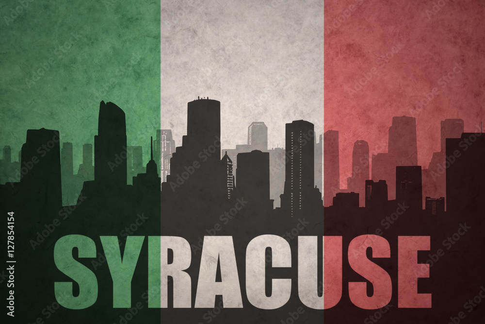 abstract silhouette of the city with text Syracuse at the vintage italian flag