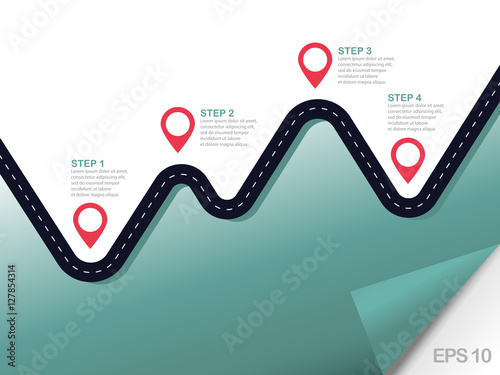 Winding road with pinpointer and mountain silhouette. Vector EPS 10