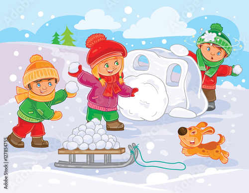 Vector illustration of little children playing outdoors in winter